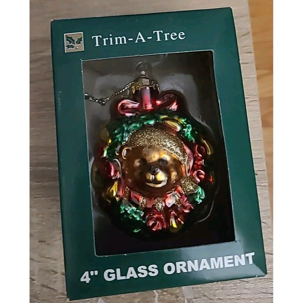 Vtg Trim-A-Tree 4 In Glass Ornament Christmas BEAR wreath